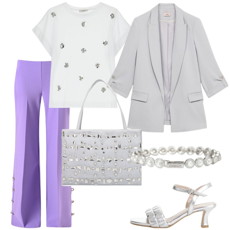Outfit donna - Glamour primaverile. Stile Glamour per Serata fuori. Abbinamento con pantaloni a palazzo, braccialetti, sandali col tacco, t-shirt, borse a spalla, blazer.