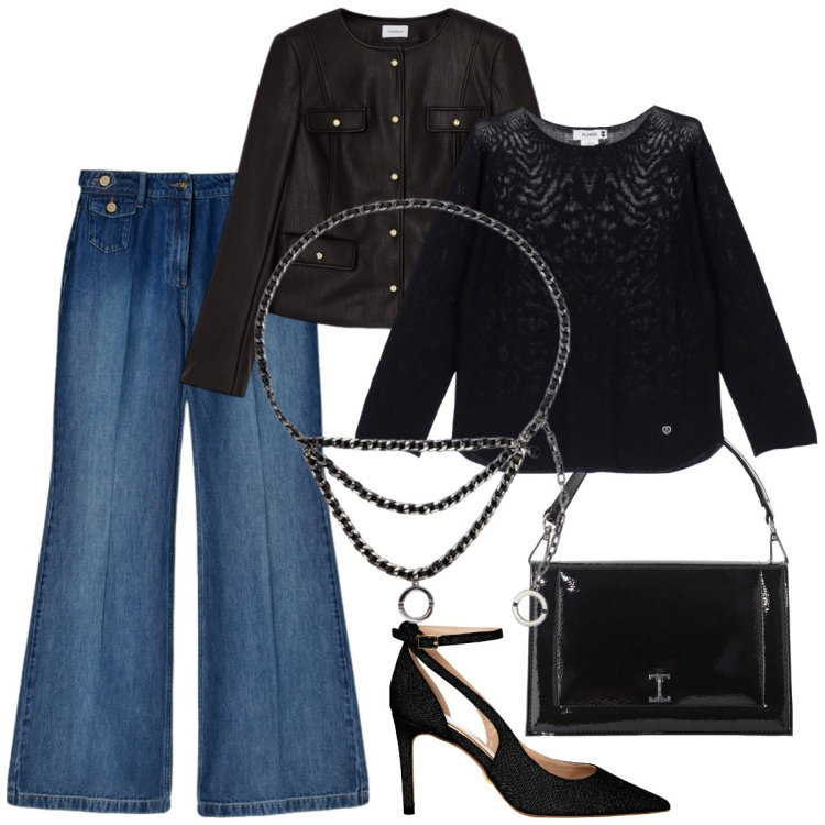 Outfit donna - Ufficio/serata. Stile Casual chic per Serata fuori. Abbinamento con décolleté, pullovers, borse a tracolla, blazer, jeans, cinture.