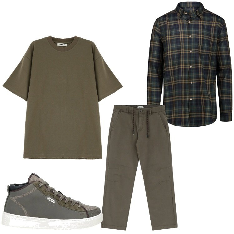 Outfit uomo - Quadretti in verde. Stile Casual per Tutti i giorni. Abbinamento con sneakers alte, pantaloni, t-shirt, camicie.