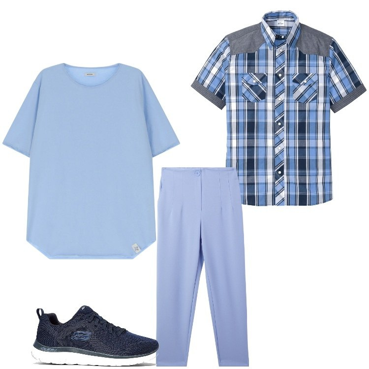 Outfit uomo - Celeste a quadretti. Stile Casual per Tutti i giorni. Abbinamento con camicie a manica corta, sneakers, pantaloni chino, t-shirt.
