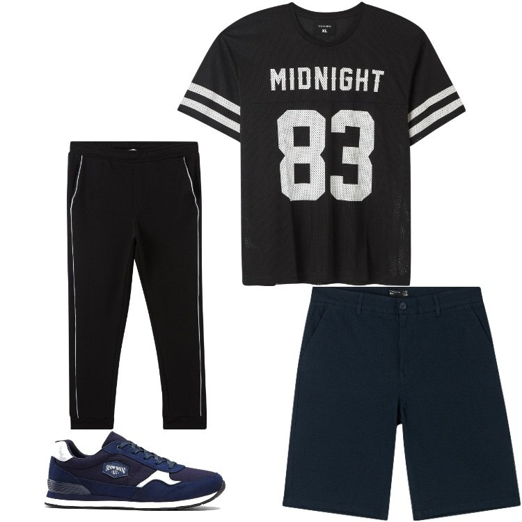 Outfit uomo - Baseball style. Stile Casual per Sport. Abbinamento con sneakers, bermuda, t-shirt sportive, pantaloni sportivi.