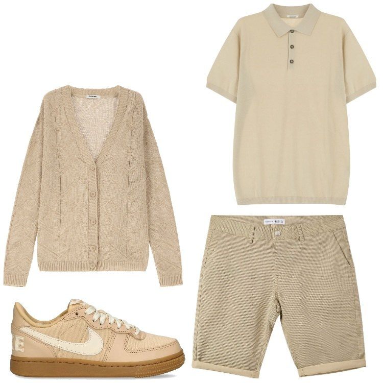 Outfit uomo - Con la testa in vacanza. Stile Casual per Tutti i giorni. Abbinamento con pantaloni corti, cardigans, polo, sneakers.