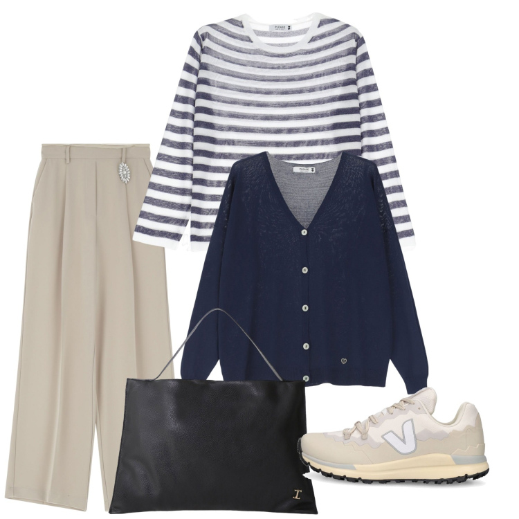 Outfit donna - Basic a righe. Stile Basic per Tutti i giorni. Abbinamento con cardigans, maglieria, pantaloni, borse a spalla, sneakers.