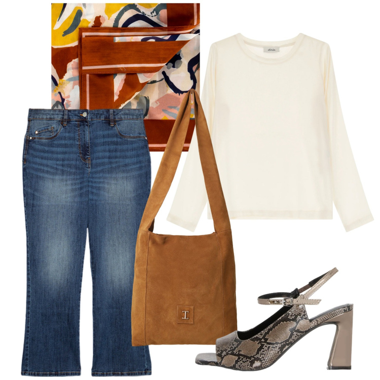 Outfit donna - Un foulard profumato. Stile Casual chic per Tutti i giorni. Abbinamento con foulard, borse a tracolla, maglieria, jeans, sandali col tacco.