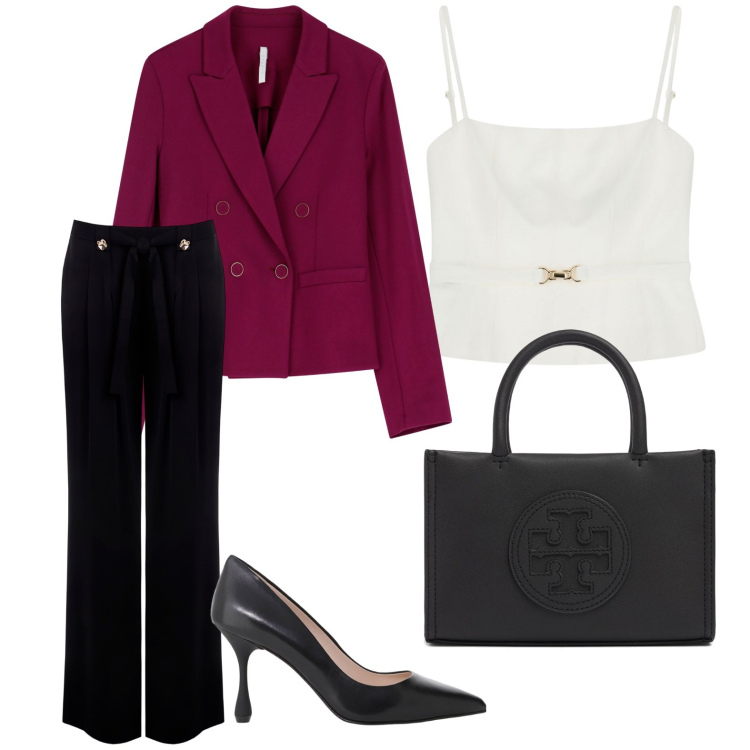 Outfit donna - Laurea. Stile Basic per Scuola/Università. Abbinamento con pantaloni, top, blazer, décolleté, shopping bag.