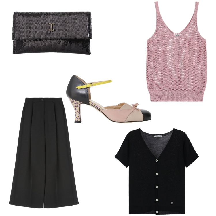 Outfit donna - Total look #2114119. Stile Casual chic per Serata fuori. Abbinamento con canottiere, pantaloni a palazzo, cardigans, borse a tracolla, décolleté.