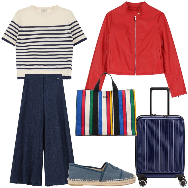 Outfit donna - In partenza. Stile Casual chic per Tutti i giorni. Abbinamento con espadrillas, giacche, maglieria, pantaloni a palazzo, shopping bag, valigie.