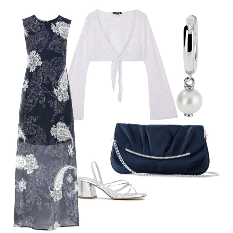 Outfit donna - Battesimo. Stile Chic per Cerimonia. Abbinamento con vestiti lunghi, sandali col tacco, pochette, bolero, orecchini.
