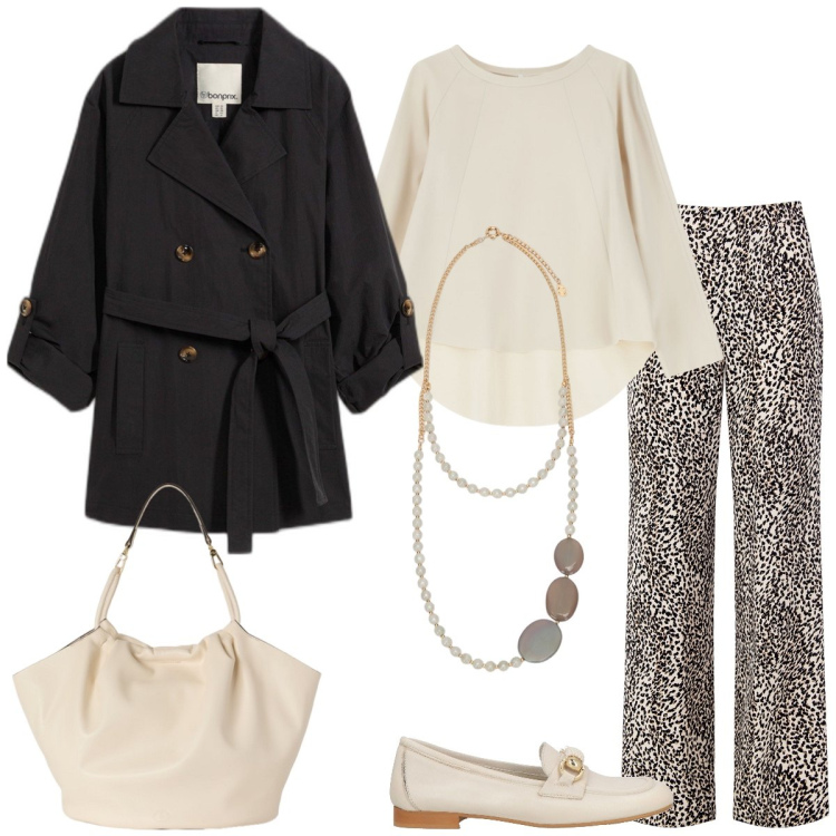 Outfit donna - In città. Stile Casual chic per Tutti i giorni. Abbinamento con trench, mocassini, pantaloni, felpe, borse a secchiello, collane.