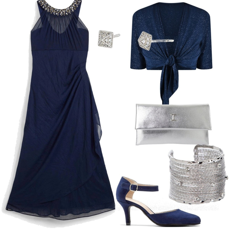 Outfit donna - Cerimonia/serata. Stile Chic per Cerimonia. Abbinamento con décolleté, vestiti, orecchini, bolero, pochette, braccialetti.