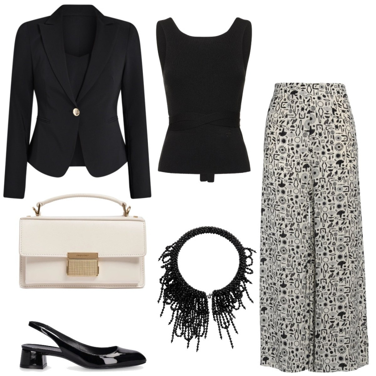 Outfit donna - Cerimonia. Stile Chic per Cerimonia. Abbinamento con pantaloni, blazer, top, collane, décolleté, borse a mano.