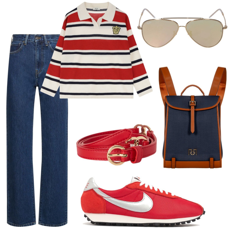 Outfit donna - Total look #2114136. Stile Basic per Tutti i giorni. Abbinamento con zaini, pullovers, jeans dritti, occhiali da sole, sneakers, cinture.