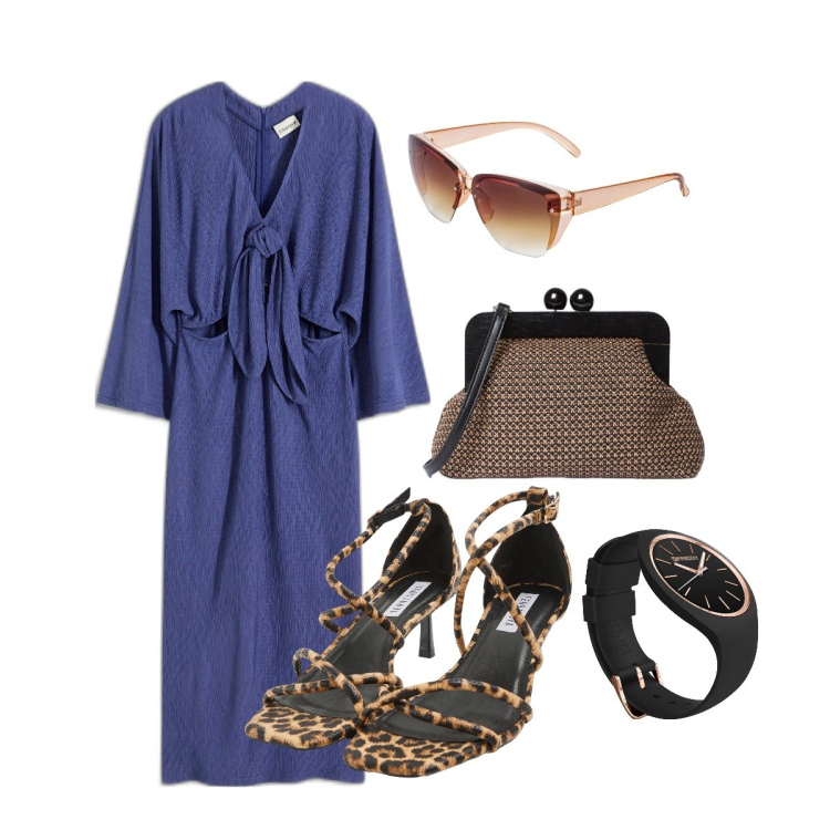 Outfit donna - Aperitivo con le colleghe. Stile Sexy per Serata fuori. Abbinamento con occhiali da sole, vestiti midi/longuette, sandali col tacco, orologi, clutch.
