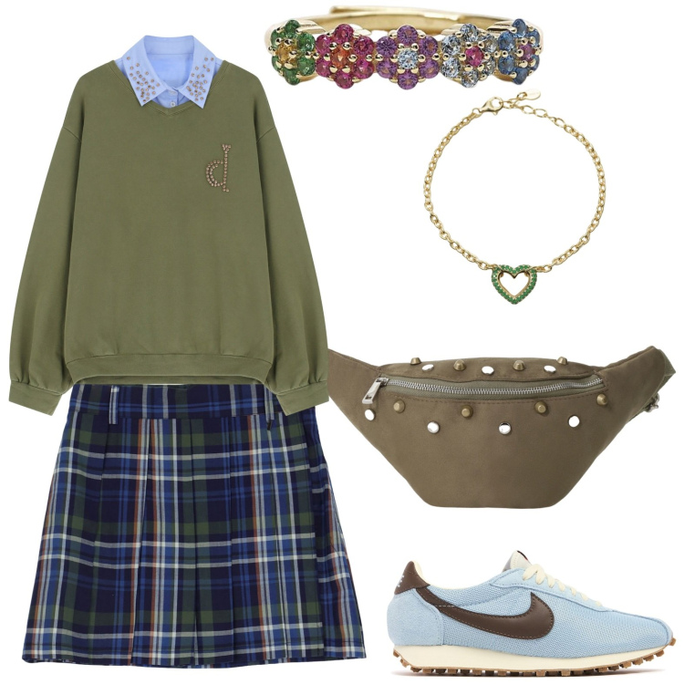 Outfit donna - Total look #2114150. Stile Bon Ton per Scuola/Università. Abbinamento con anelli, braccialetti, minigonne, marsupi, felpe, sneakers.