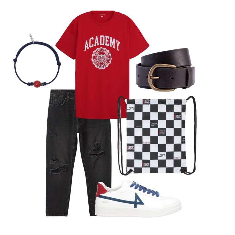 Outfit uomo - Red Spot. Stile Casual per Tutti i giorni. Abbinamento con sneakers, borse sportive, jeans strappati, t-shirt sportive, braccialetti, cinture.