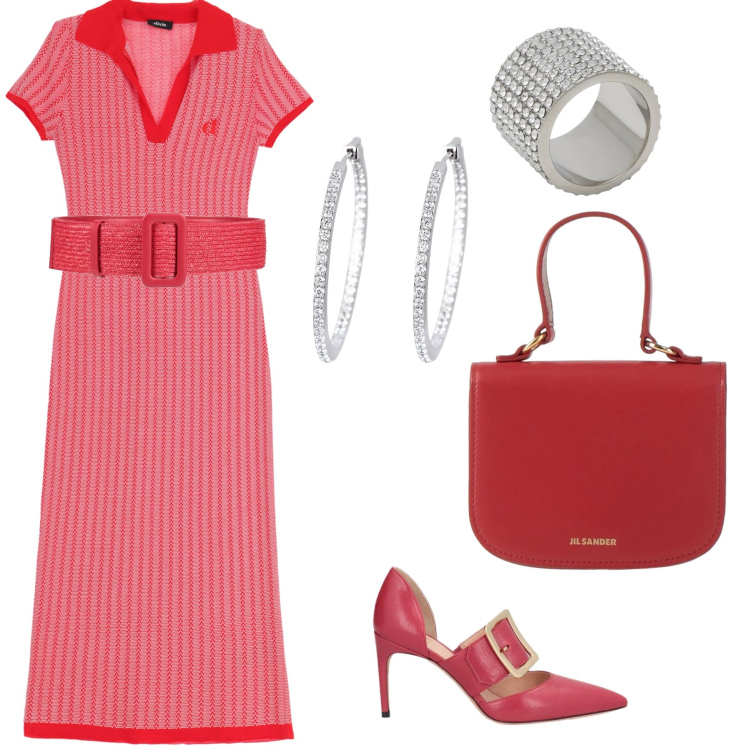 Outfit donna - Il rosso predominante. Stile Bon Ton per Tutti i giorni. Abbinamento con borse a mano, décolleté, anelli, cinture, orecchini, vestiti midi/longuette.