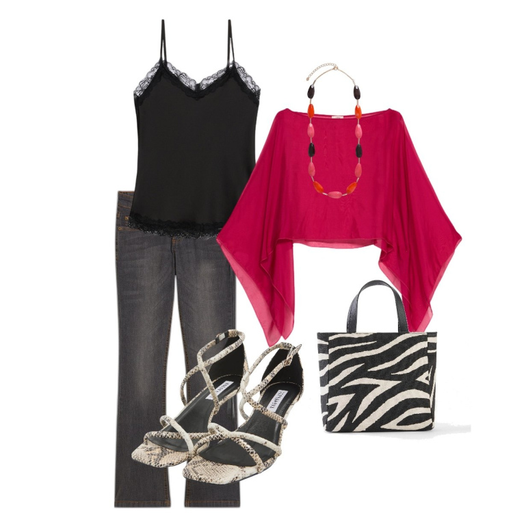 Outfit donna - Al cinema. Stile Casual chic per Serata fuori. Abbinamento con jeans bootcut, borse a mano, sandali col tacco, bolero, top, collane.