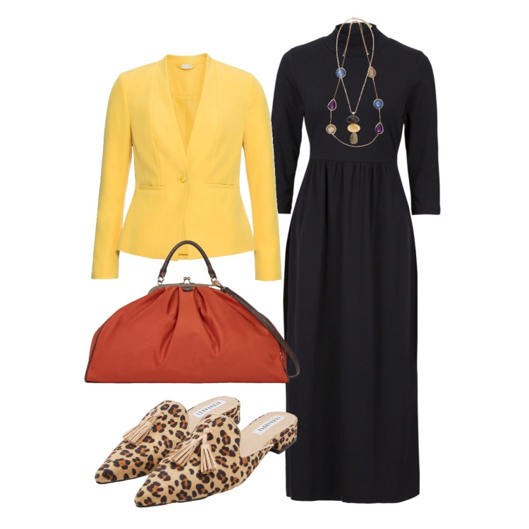 Outfit donna - Da Anna. Stile Trendy per Serata fuori. Abbinamento con blazer, vestiti midi/longuette, sabot, borse sportive, collane, collane.