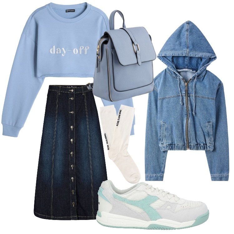 Outfit donna - Lo stile athlesuire. Stile Casual per Tutti i giorni. Abbinamento con gonne longuette, sneakers, blazer, felpe, calzini, zaini.