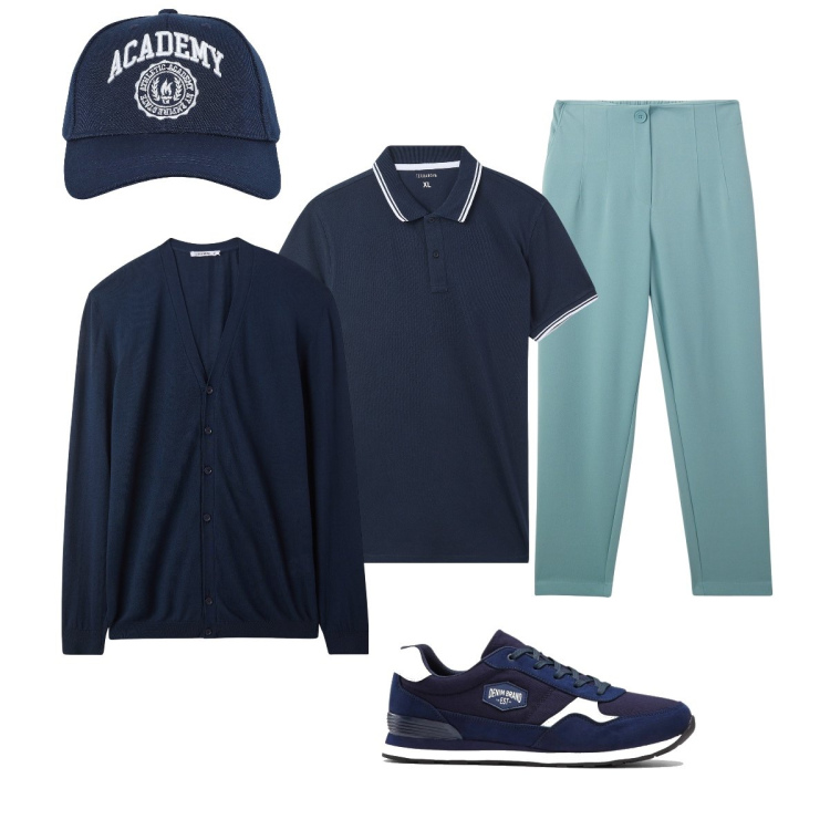 Outfit uomo - Total look #2114164. Stile Casual per Tutti i giorni. Abbinamento con sneakers, cappelli con visiera, pantaloni chino, polo, cardigans.