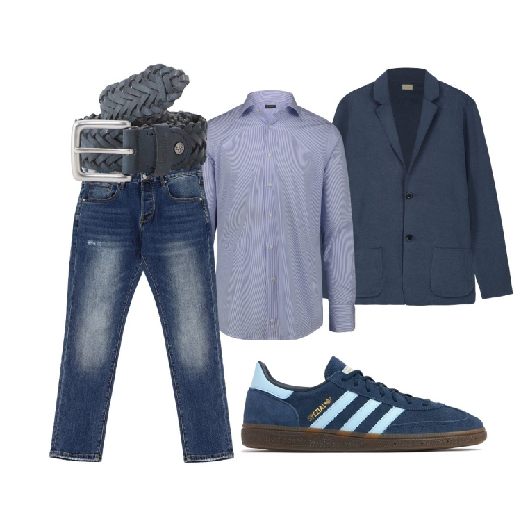 Outfit uomo - Total look #2114165. Stile Trendy per Ufficio. Abbinamento con cinture, jeans dritti, camicie, cardigans, sneakers.