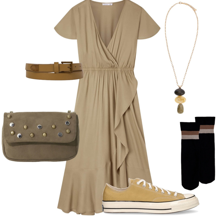 Outfit donna - Abito e sneakers. Stile Casual chic per Tutti i giorni. Abbinamento con vestiti lunghi, borse a tracolla, cinture, sneakers, collane, calzini.