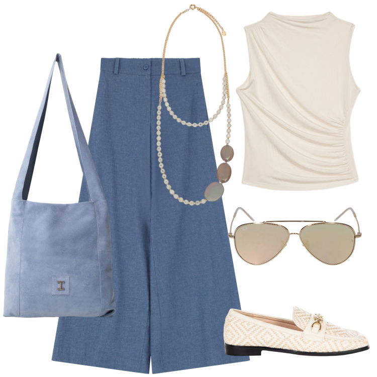 Outfit donna - Colori delicati. Stile Minimal per Tutti i giorni. Abbinamento con borse a tracolla, mocassini, jeans, top, collane, occhiali da sole.