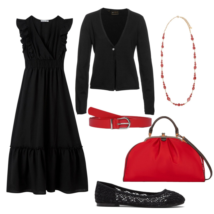 Outfit donna - In giro. Stile Glamour per Tutti i giorni. Abbinamento con cardigans, ballerine, cinture, vestiti lunghi, borse a spalla, collane.