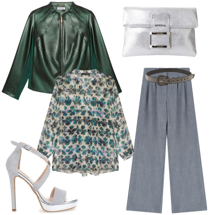 Outfit donna - Serata con amici. Stile Boho per Serata fuori. Abbinamento con cinture, pantaloni, pochette, bluse, sandali col tacco, blazer.