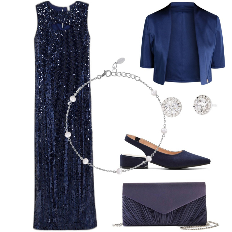 Outfit donna - L\'abito in paillettes blu. Stile Glamour per Serata fuori. Abbinamento con décolleté, pochette, vestiti, orecchini, braccialetti, blazer.