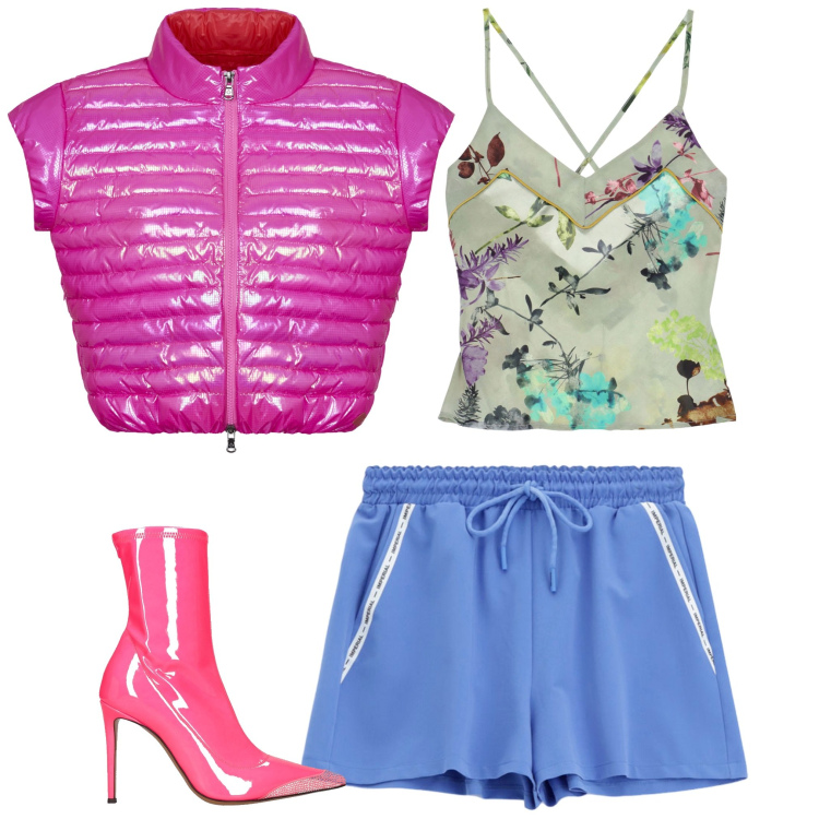 Outfit donna - A ballare. per Serata fuori. Abbinamento con shorts, canottiere, blazer, stivaletti.