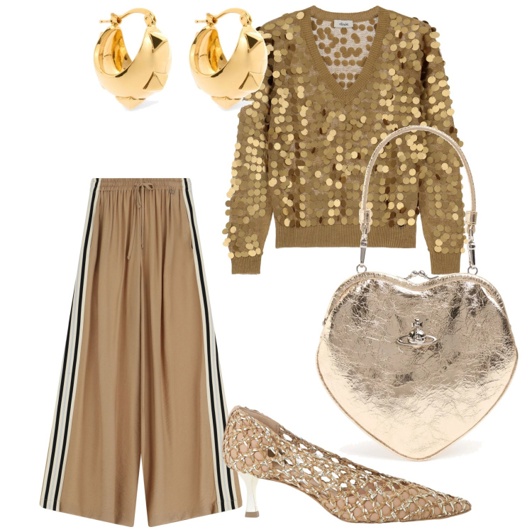 Outfit donna - Gold. Stile Casual chic per Serata fuori. Abbinamento con maglieria, pantaloni, décolleté, pochette, orecchini.