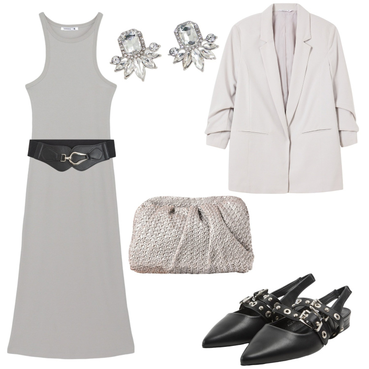 Outfit donna - Carina in ufficio. Stile Casual chic per Ufficio. Abbinamento con vestiti lunghi, blazer, cinture, sabot, clutch, orecchini.