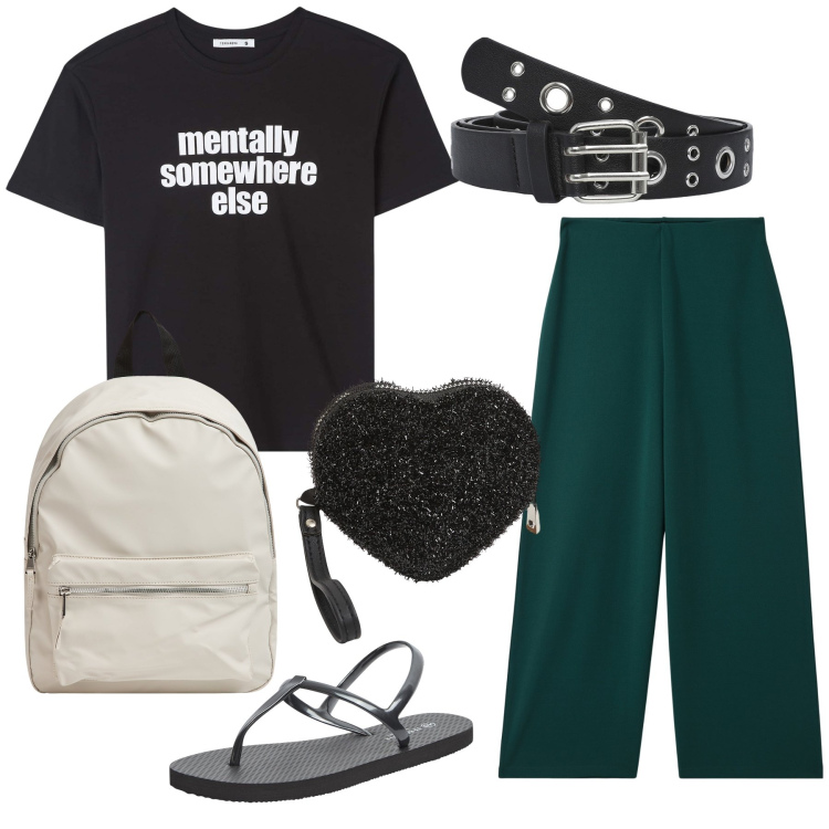 Outfit donna - Terranova altrove la mente il cuore no. Stile Trendy per Tutti i giorni. Abbinamento con t-shirt, sandali, cinture, zaini, portafogli, pantaloni.