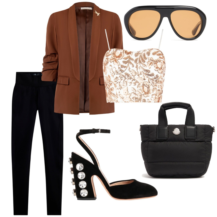Outfit donna - Total look #2114197. Stile Sporty chic per Serata fuori. Abbinamento con décolleté, blazer, top, leggings, borse tote, occhiali da sole.