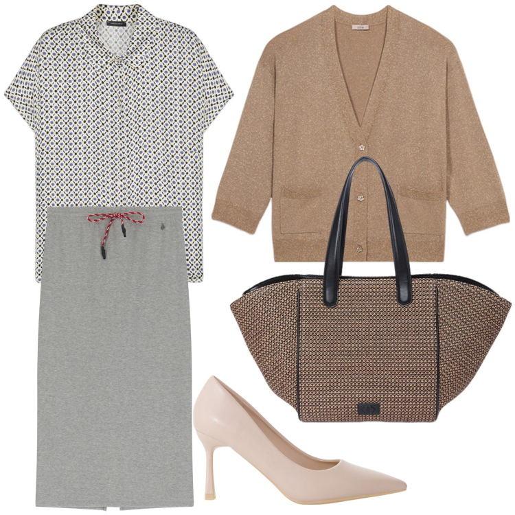 Outfit donna - In ufficio. Stile Bon Ton per Ufficio. Abbinamento con décolleté, gonne longuette, camicie a manica corta, shopping bag, cardigans.