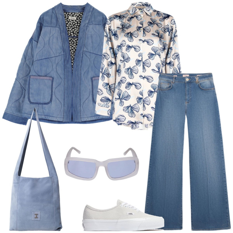 Outfit donna - In jeans. Stile Casual per Tutti i giorni. Abbinamento con camicie, borse a tracolla, blazer, jeans, occhiali da sole, sneakers.