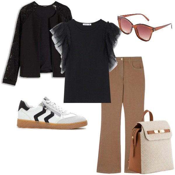 Outfit donna - Al lavoro. Stile Casual per Tutti i giorni. Abbinamento con blazer, sneakers, occhiali da sole, t-shirt, pantaloni, zaini.