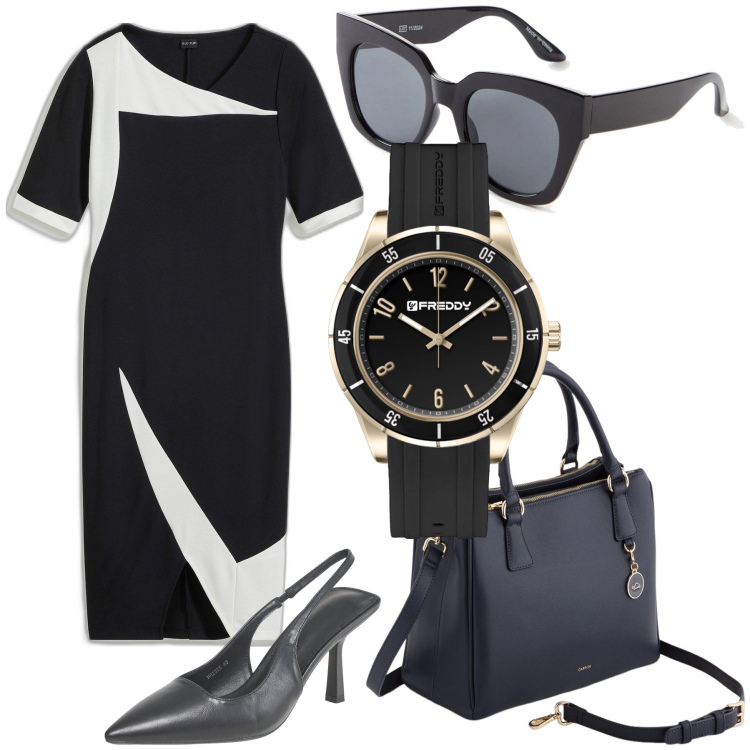 Outfit donna - Puntuale all’ appuntamento. Stile Urban per Ufficio. Abbinamento con vestiti a tubino, occhiali da sole, décolleté, orologi, borse a mano.