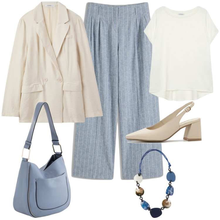 Outfit donna - Springtime 25. Stile Casual chic per Ufficio. Abbinamento con pantaloni, décolleté, blazer, collane, bluse, borse a tracolla.