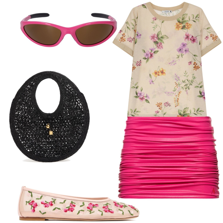 Outfit donna - Fiori e fiori. Stile Trendy per Tutti i giorni. Abbinamento con t-shirt, borse tote, occhiali da sole, ballerine, minigonne.