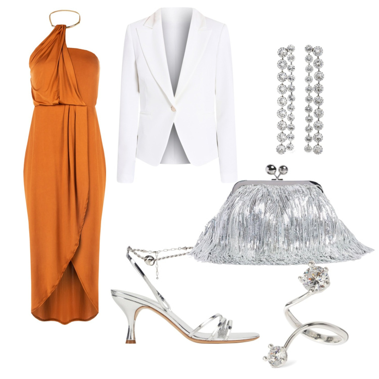 Outfit donna - Total look #2114219. Stile Romantica per Cerimonia. Abbinamento con sandali in pelle, blazer, vestiti, orecchini, pochette, anelli.