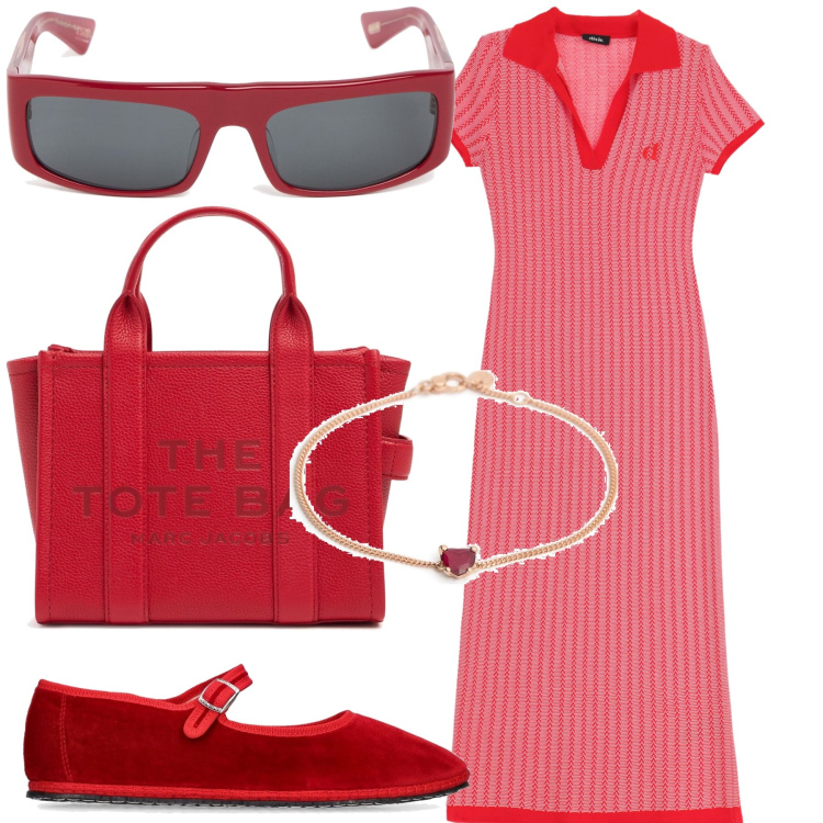 Outfit donna - Red forever. Stile Sporty chic per Tutti i giorni. Abbinamento con vestiti midi/longuette, shopping bag, braccialetti, ballerine, occhiali da sole.