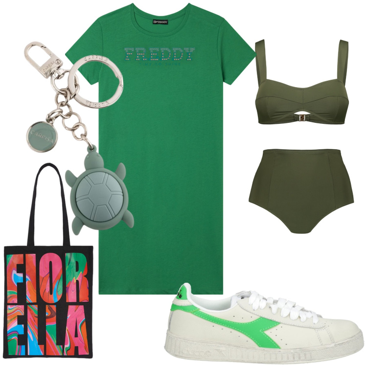 Outfit donna - Verde mare. Stile Basic per Mare. Abbinamento con sneakers, vestiti, bikini, borse tote, portachiavi.
