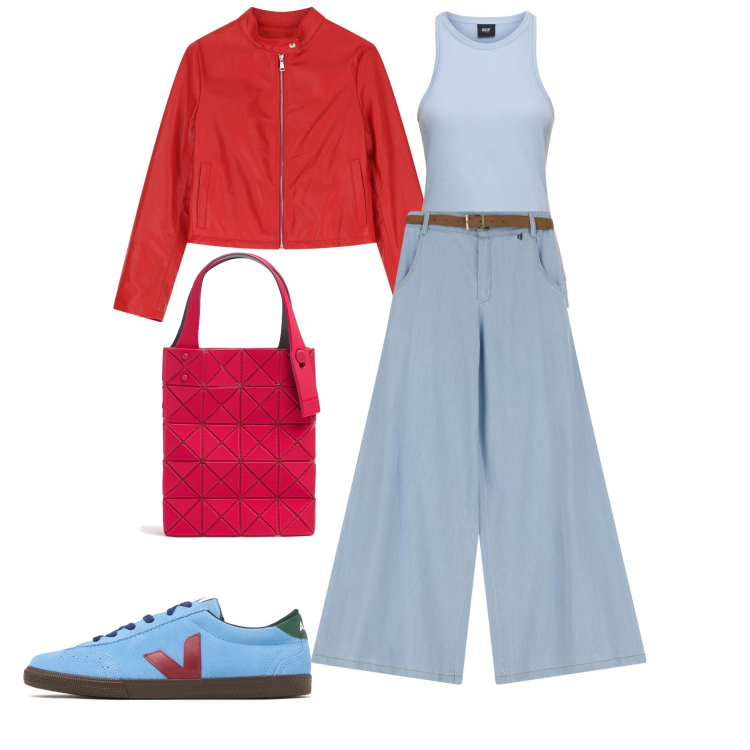 Outfit donna - Total look #2114229. Stile Casual per Scuola/Università. Abbinamento con giacche, pantaloni a palazzo, sneakers, canottiere, borse a mano.