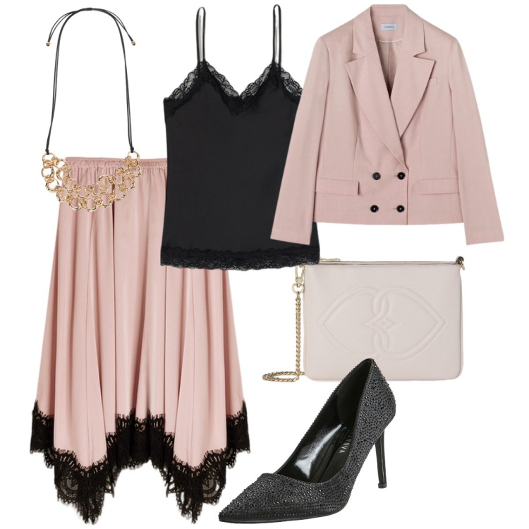Outfit donna - Total look #2114230. Stile Chic per Cerimonia. Abbinamento con décolleté, collane, gonne, pochette, blazer, top.