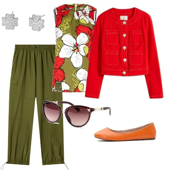 Outfit donna - Colori di Aprile. Stile Casual per Tutti i giorni. Abbinamento con occhiali da sole, top, blazer, ballerine, pantaloni cargo, orecchini.