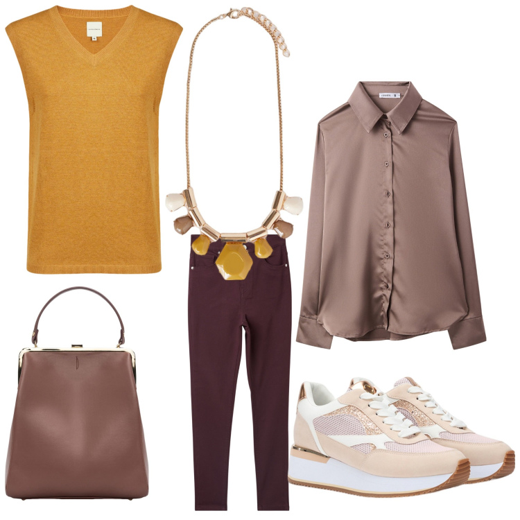 Outfit donna - I colori che amo. Stile Casual chic per Ufficio. Abbinamento con camicie, pantaloni skinny, maglieria, borse a spalla, sneakers, collane.