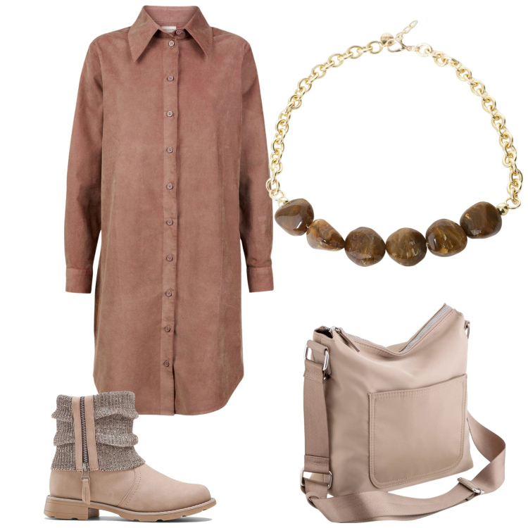 Outfit donna - Vestito e stivaletti. Stile Casual chic per Ufficio. Abbinamento con stivaletti, collane, vestiti chemisier, borse a tracolla.