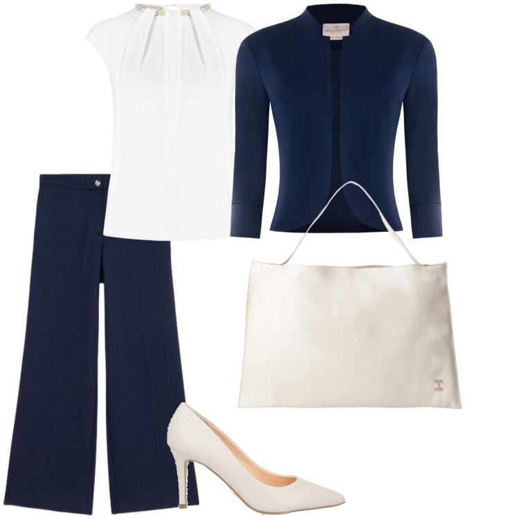 Outfit donna - Riunione di lavoro. Stile Casual chic per Ufficio. Abbinamento con décolleté, borse a spalla, bluse, bolero, pantaloni a palazzo.